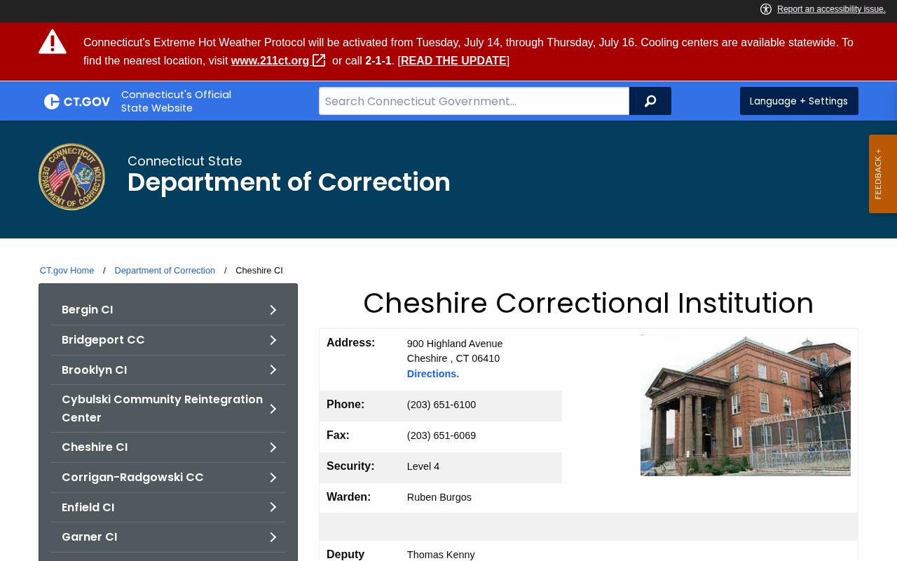 Cheshire Correctional Institution release and facility information