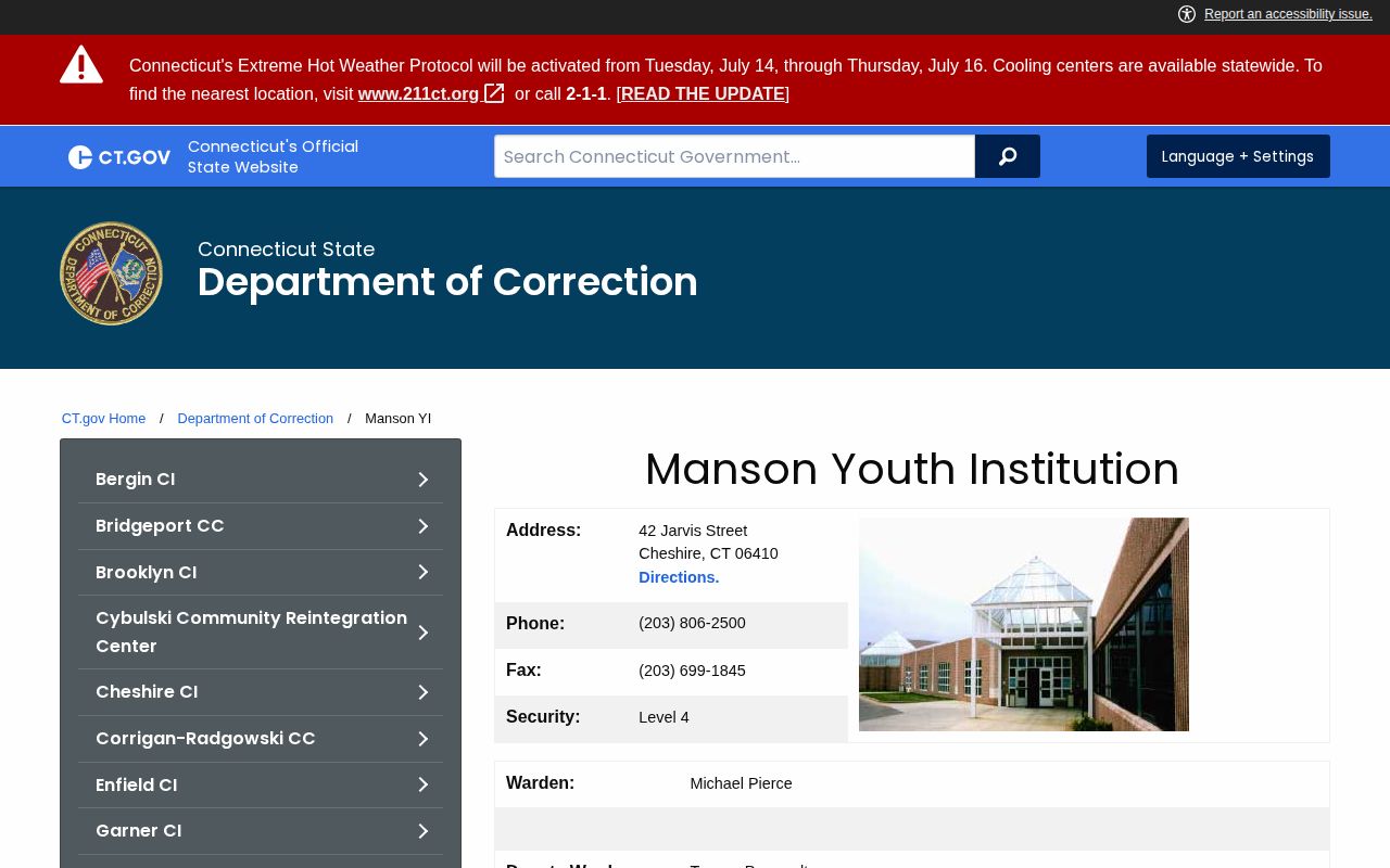 Manson Youth Institution release and facility information