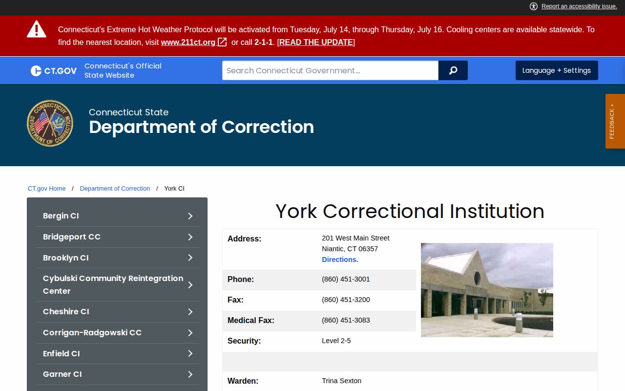 York Correctional Institution release and facility information serving New Haven